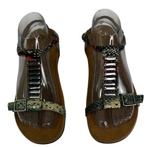 Vionic 342 Navassa Tan T Strap Embellished Snakeskin Sandals Womens 7 Comfort